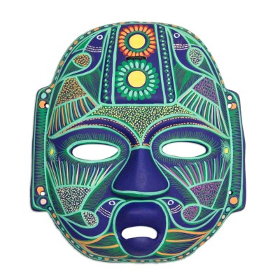 Ceramic Wall Mask Green Hand Painted 'Jade Olmec Lord' NOVICA Mexico    362393518253